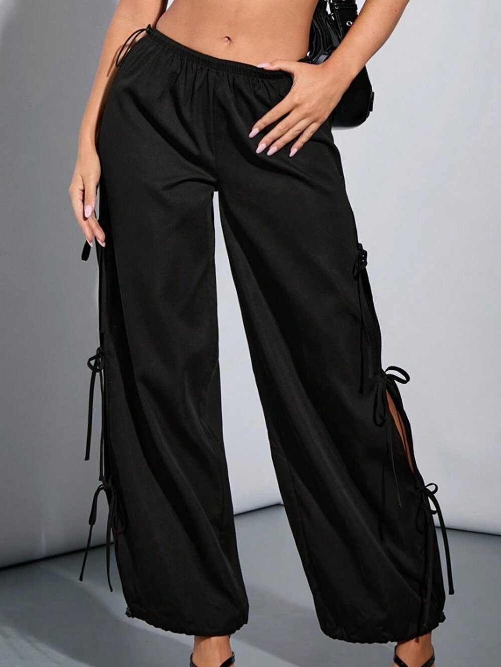 Black Casual Women's Jogger Pants with Side Slit and Adjustable Drawstring